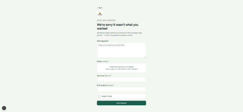 Private feedback form for unhappy customers