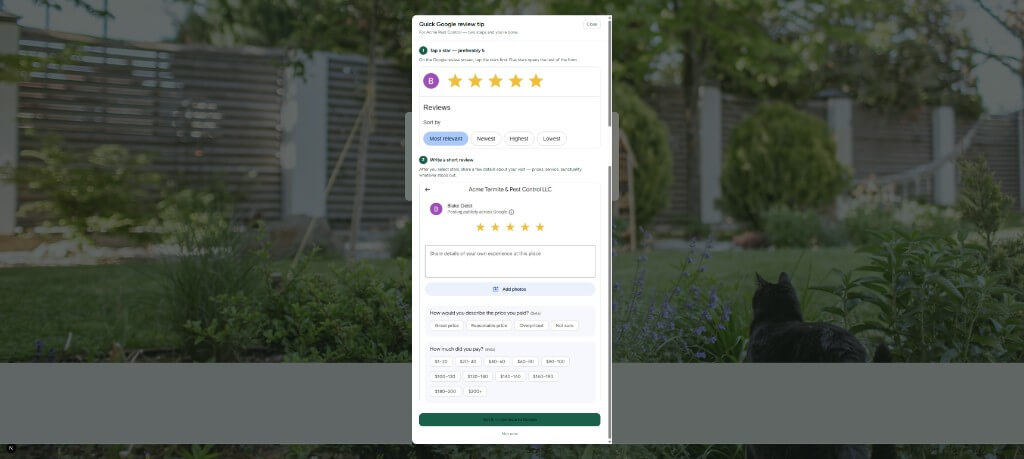 Modal guiding customers through selecting stars and writing a Google review