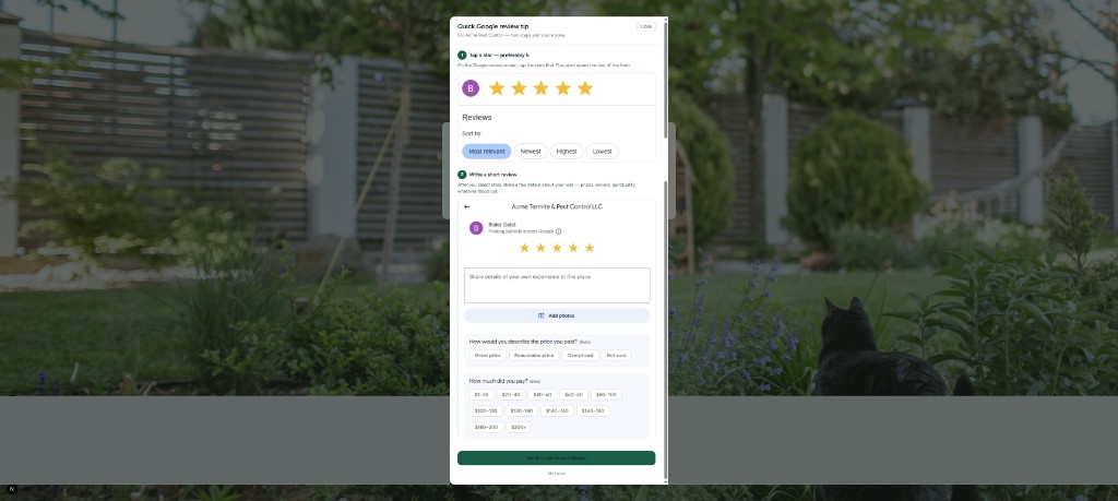 Modal guiding customers through selecting stars and writing a Google review