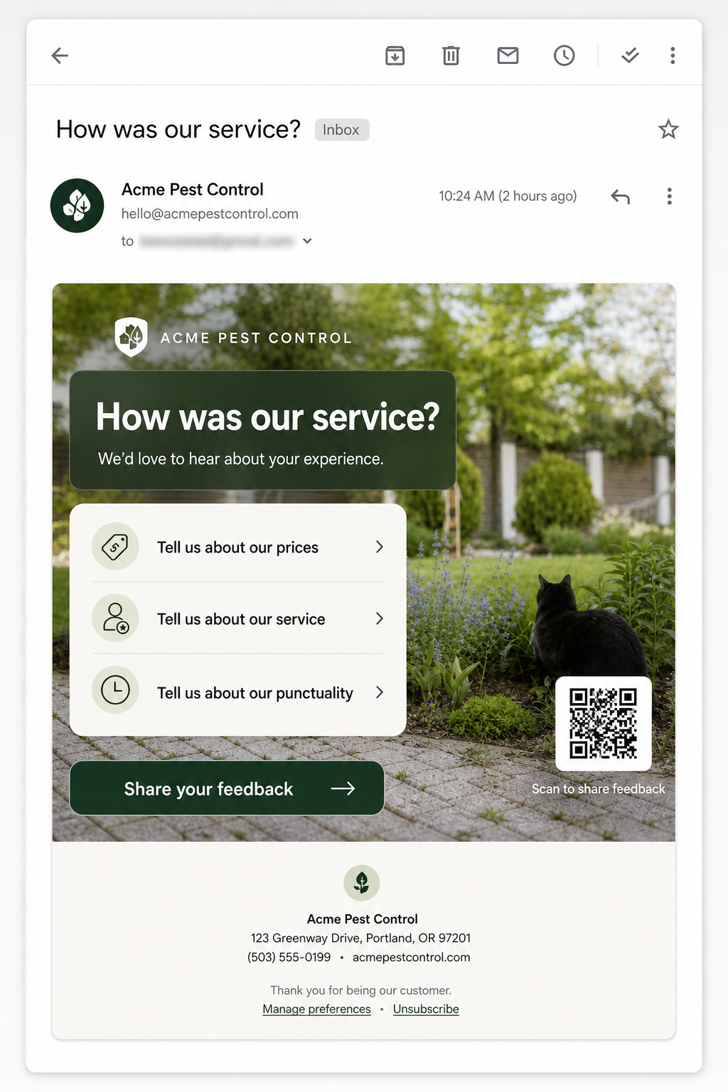 Follow-up email with Acme Pest Control feedback graphic