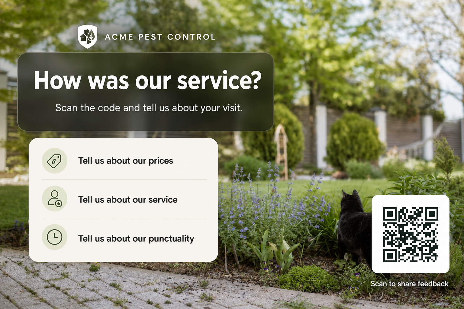Acme Pest Control postcard with QR code for feedback